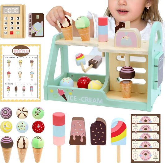 Uandhome Wooden Ice Cream Pretend Play Set Child-Size Cooking & Baking Kits NEW