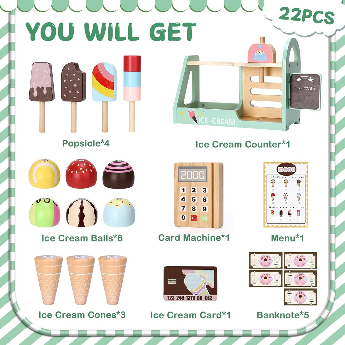 Uandhome Wooden Ice Cream Pretend Play Set Child-Size Cooking & Baking Kits NEW