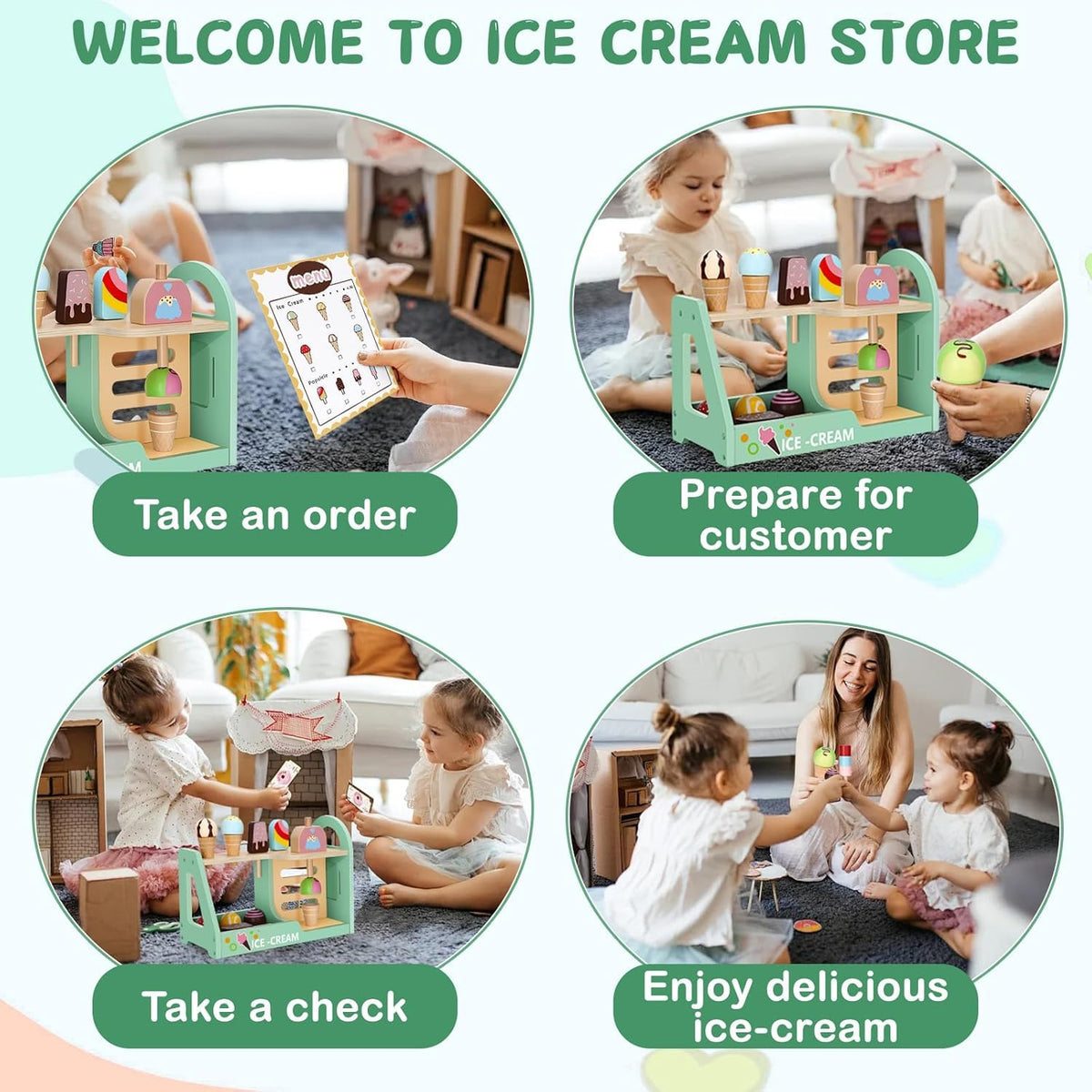 Uandhome Wooden Ice Cream Pretend Play Set Child-Size Cooking & Baking Kits NEW
