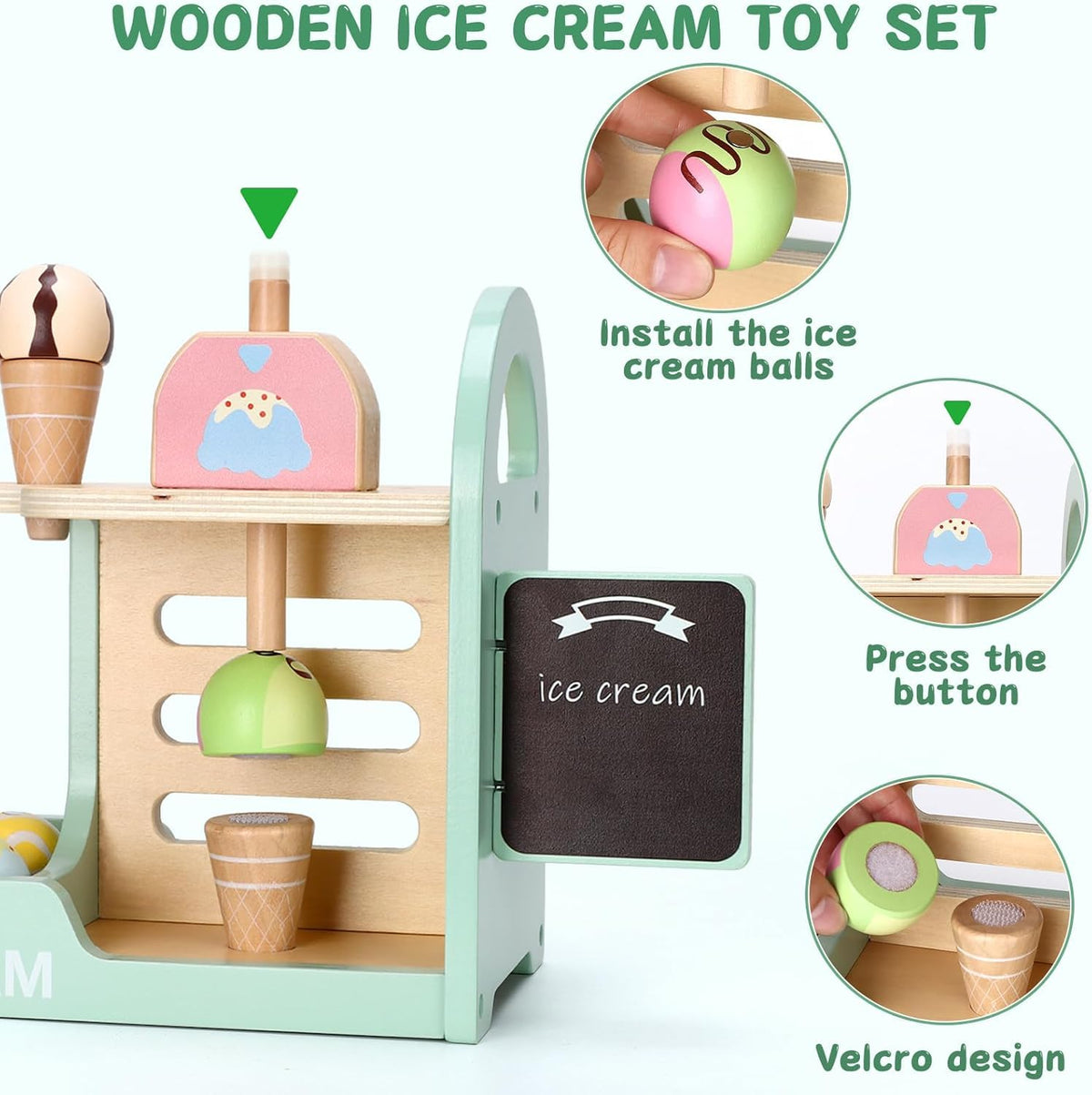 Uandhome Wooden Ice Cream Pretend Play Set Child-Size Cooking & Baking Kits NEW