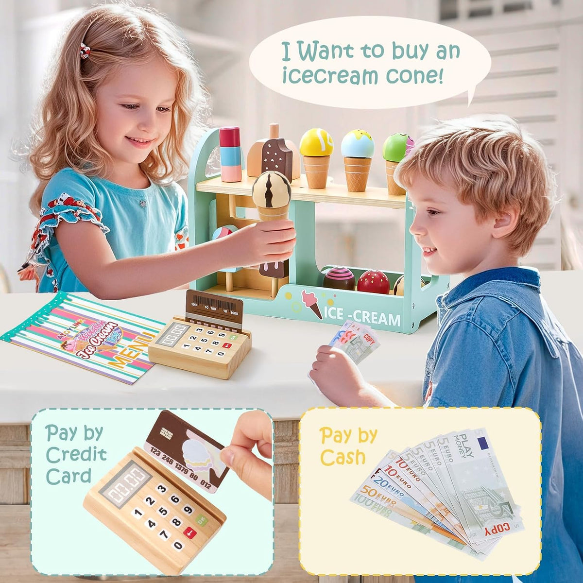 Uandhome Wooden Ice Cream Pretend Play Set Child-Size Cooking & Baking Kits NEW