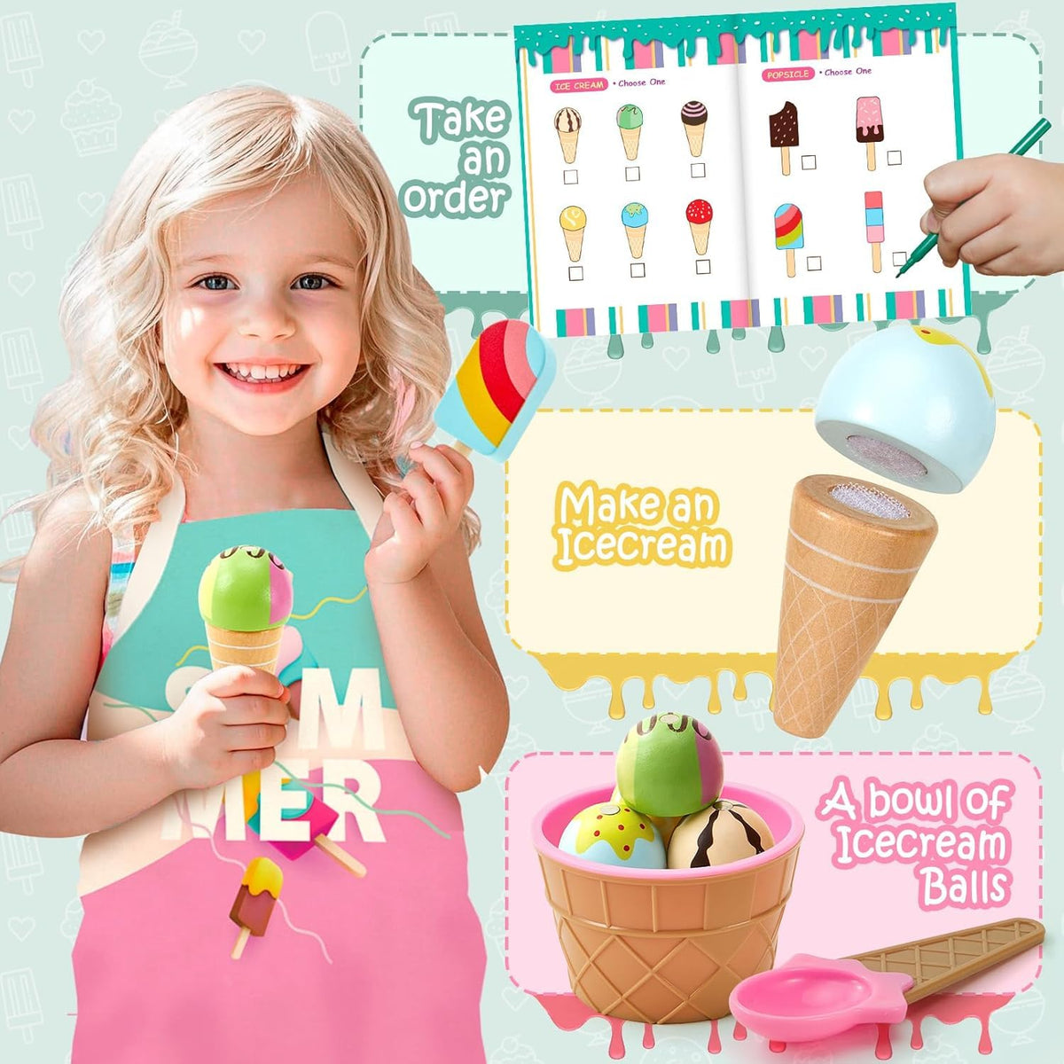 Uandhome Wooden Ice Cream Pretend Play Set Child-Size Cooking & Baking Kits NEW