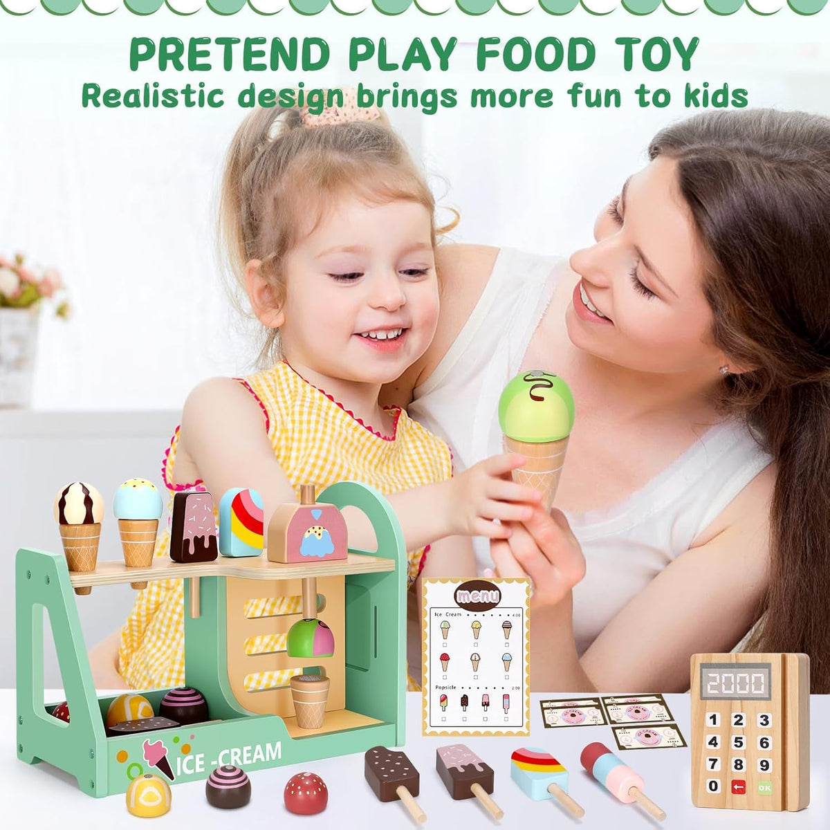 Uandhome Wooden Ice Cream Pretend Play Set Child-Size Cooking & Baking Kits NEW