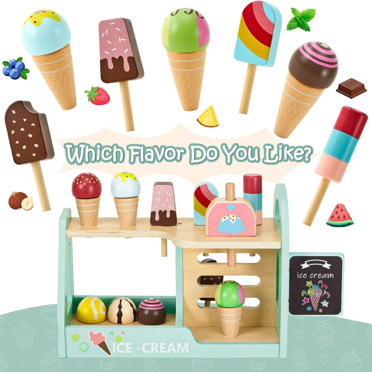Uandhome Wooden Ice Cream Pretend Play Set Child-Size Cooking & Baking Kits NEW