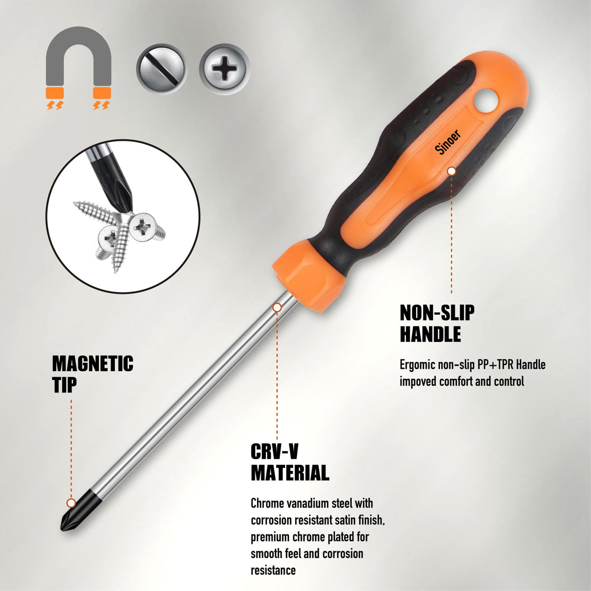 Sinoer 13-Piece Magnetic Screwdriver Set 6 Phillips Flat Head Chrome NEW
