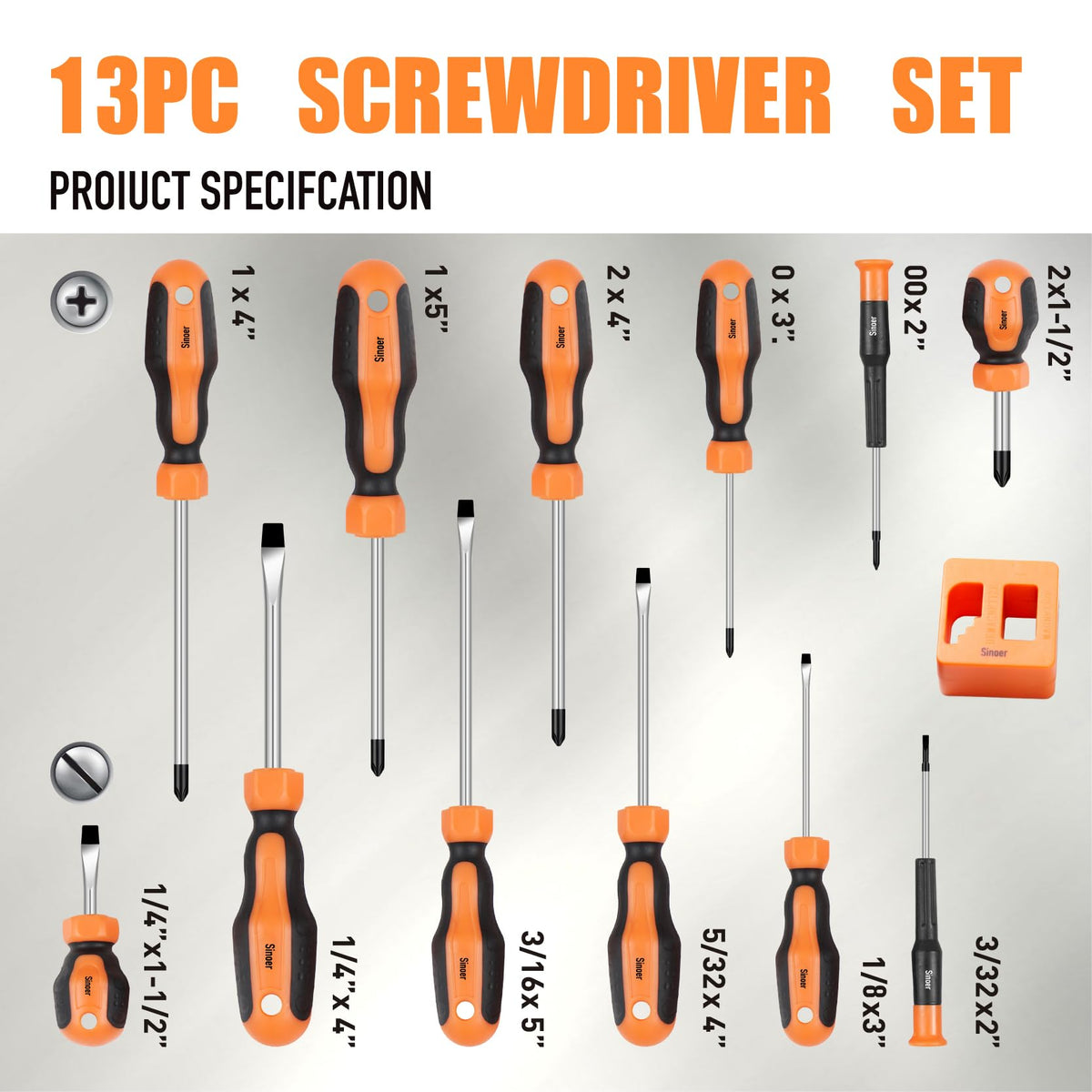 Sinoer 13-Piece Magnetic Screwdriver Set 6 Phillips Flat Head Chrome NEW