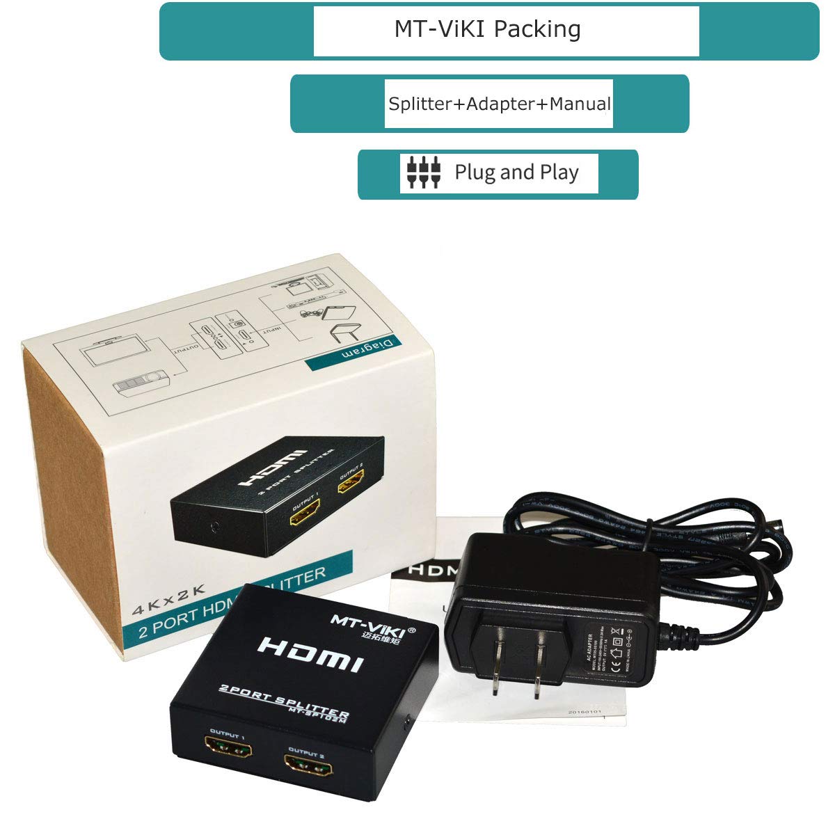 MT-VIKI 4K Splitters HDMI Splitter 1 in 2 Out Powered Dual Monitor Display NEW