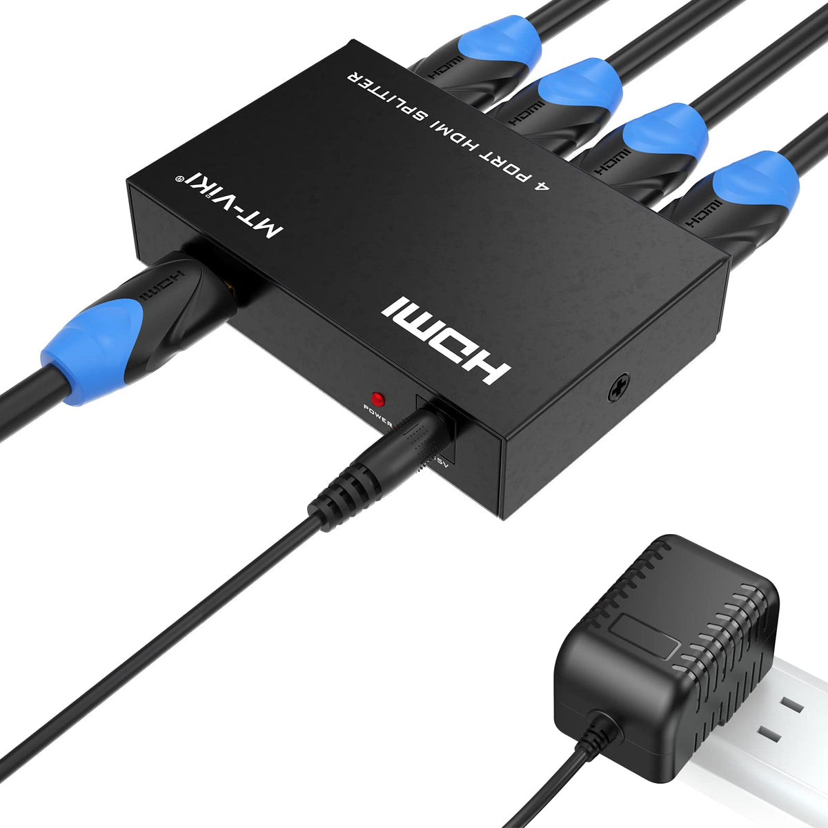 MT-VIKI HDMI Splitters Splitter 1 in 4 Out, Black, Power Adapter for TV, NEW