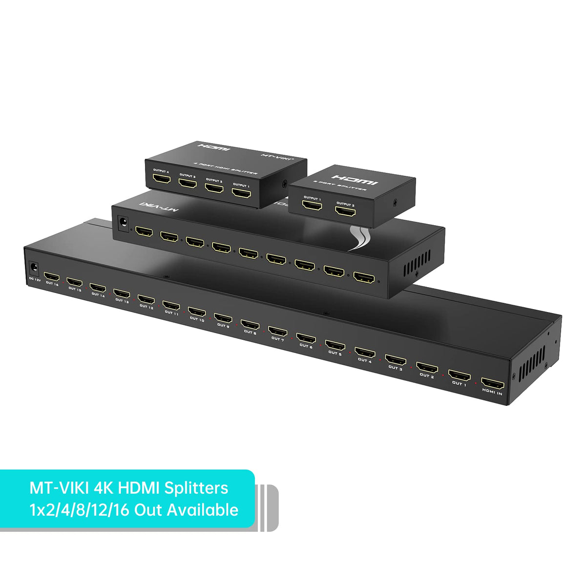 MT-VIKI HDMI Splitters Splitter 1 in 4 Out, Black, Power Adapter for TV, NEW