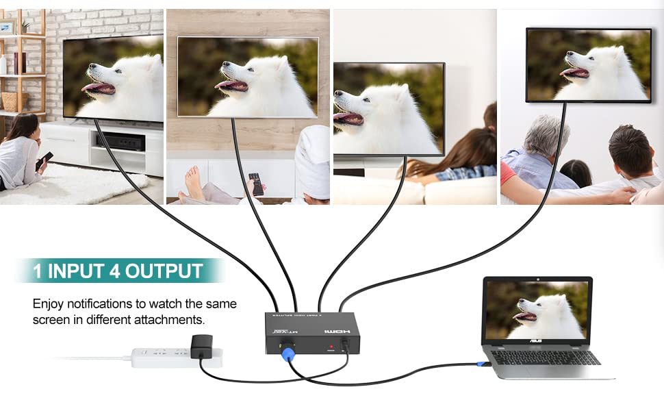 MT-VIKI HDMI Splitters Splitter 1 in 4 Out, Black, Power Adapter for TV, NEW