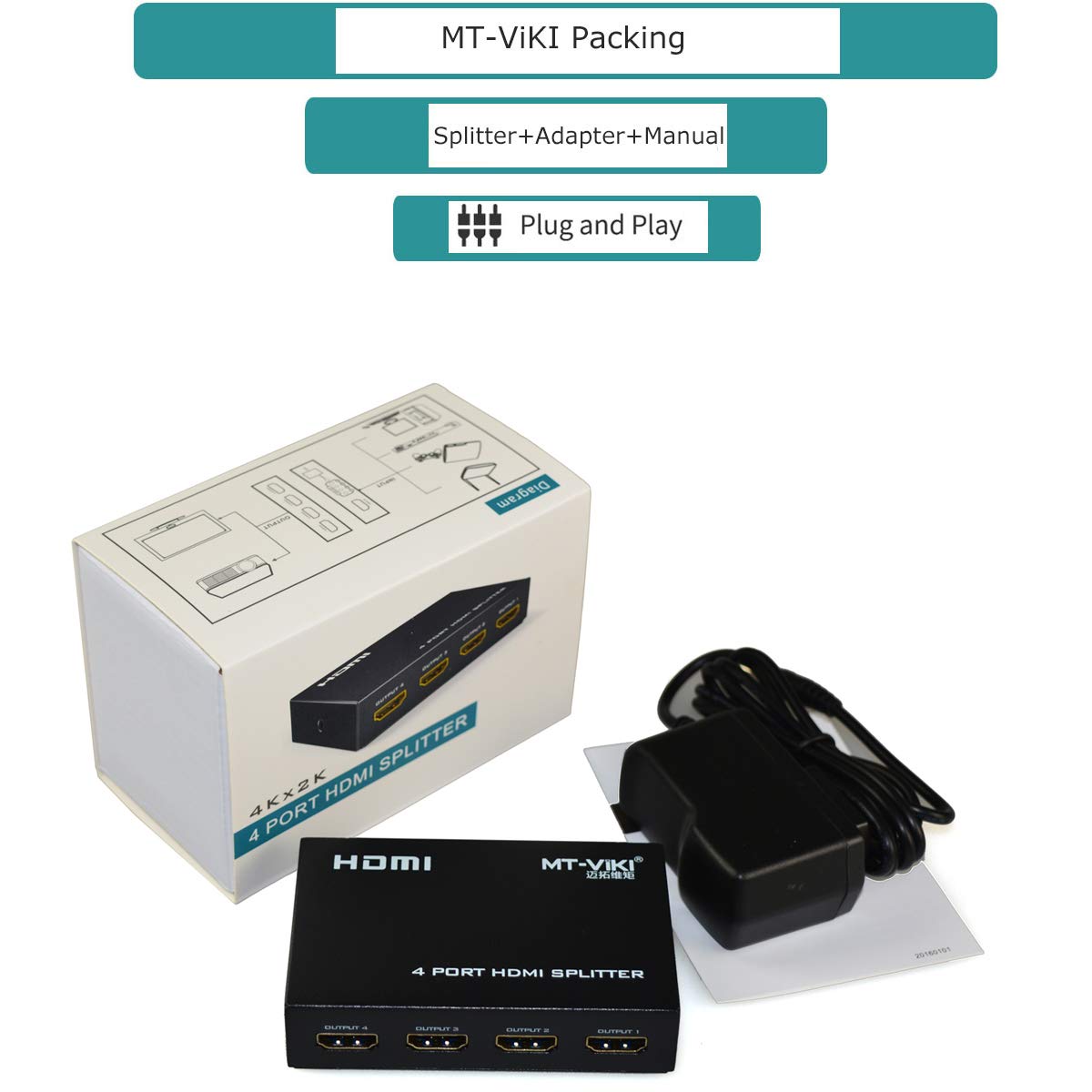 MT-VIKI HDMI Splitters Splitter 1 in 4 Out, Black, Power Adapter for TV, NEW