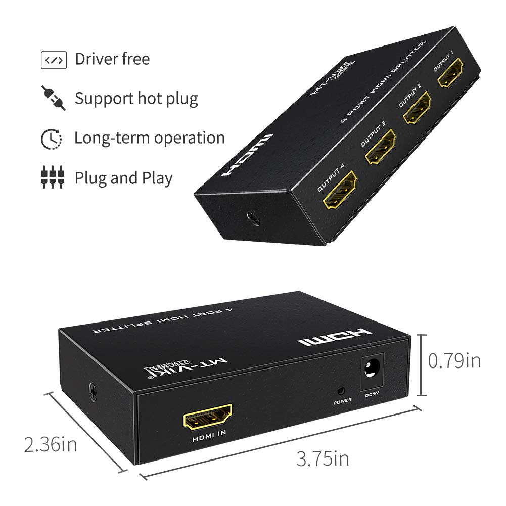 MT-VIKI HDMI Splitters Splitter 1 in 4 Out, Black, Power Adapter for TV, NEW
