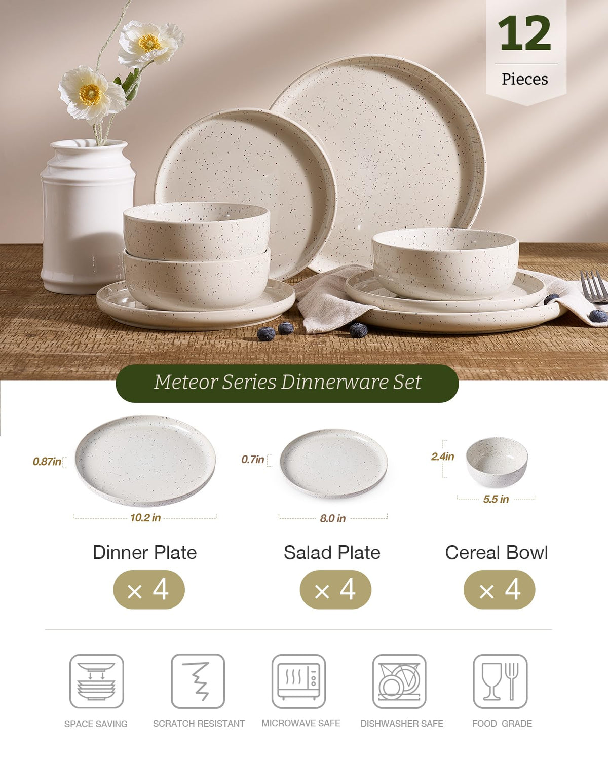 Famiware 12-Piece Creamy White Stoneware Dinnerware Bowl Set for Home NEW