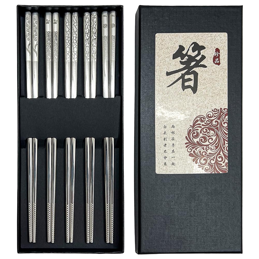 BATHPROVE 5Pair Laser Engraved Stainless Steel Chopsticks Reusable Japanese NEW