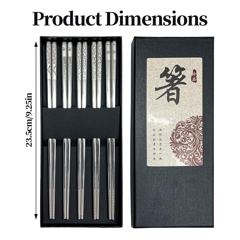 BATHPROVE 5Pair Laser Engraved Stainless Steel Chopsticks Reusable Japanese NEW