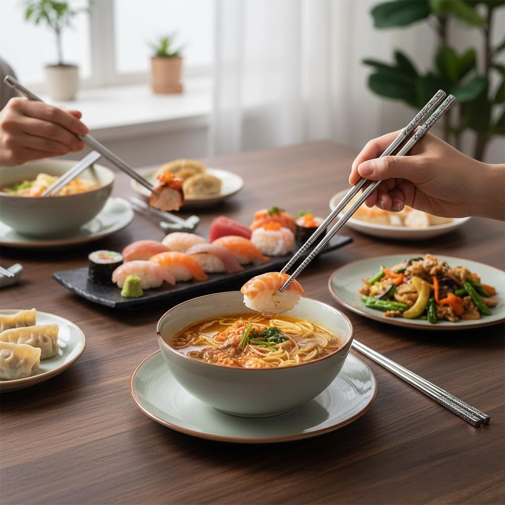 BATHPROVE 5Pair Laser Engraved Stainless Steel Chopsticks Reusable Japanese NEW
