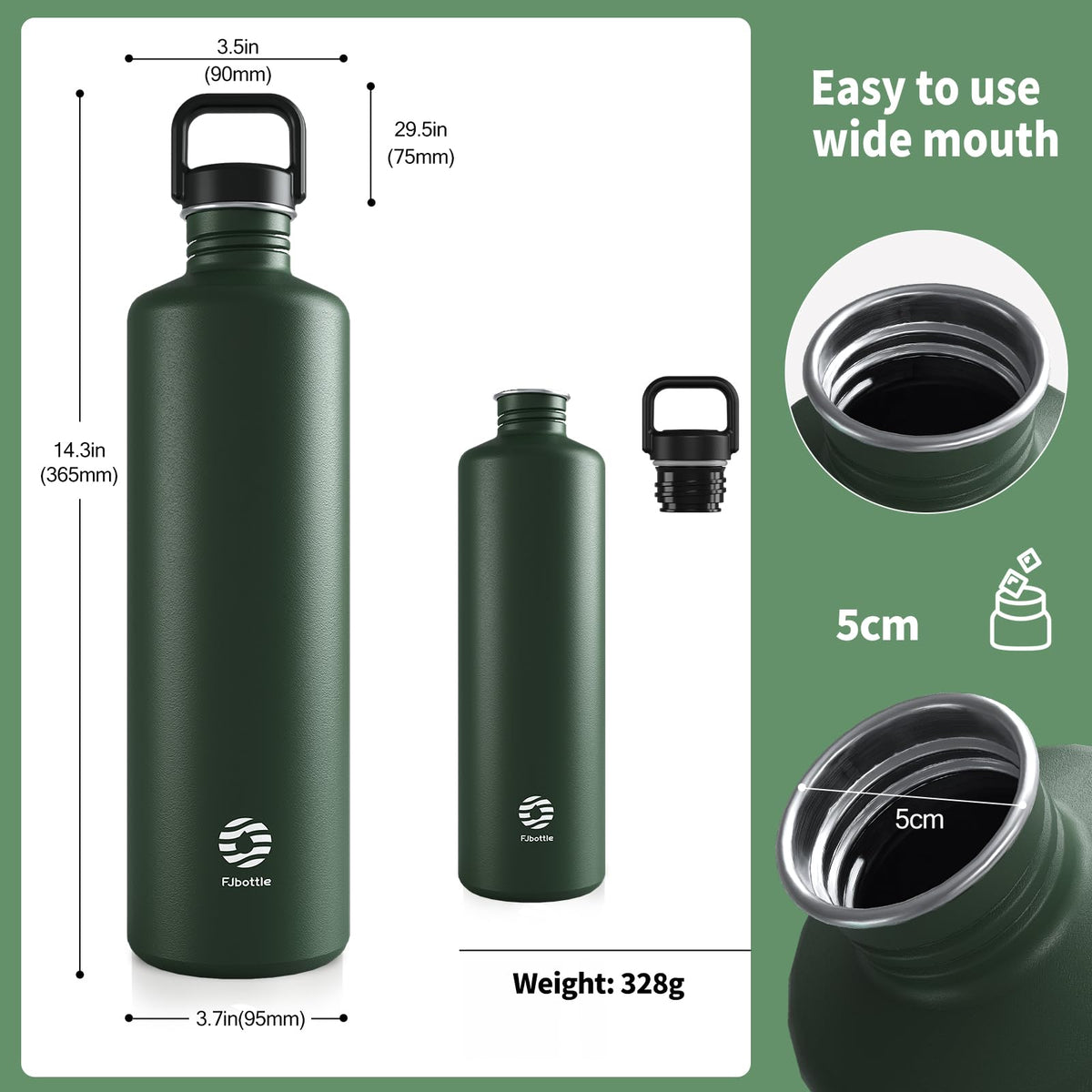 Fjbottle 2000ml Stainless Steel Sports Water Bottle with Bag Dark Green NEW