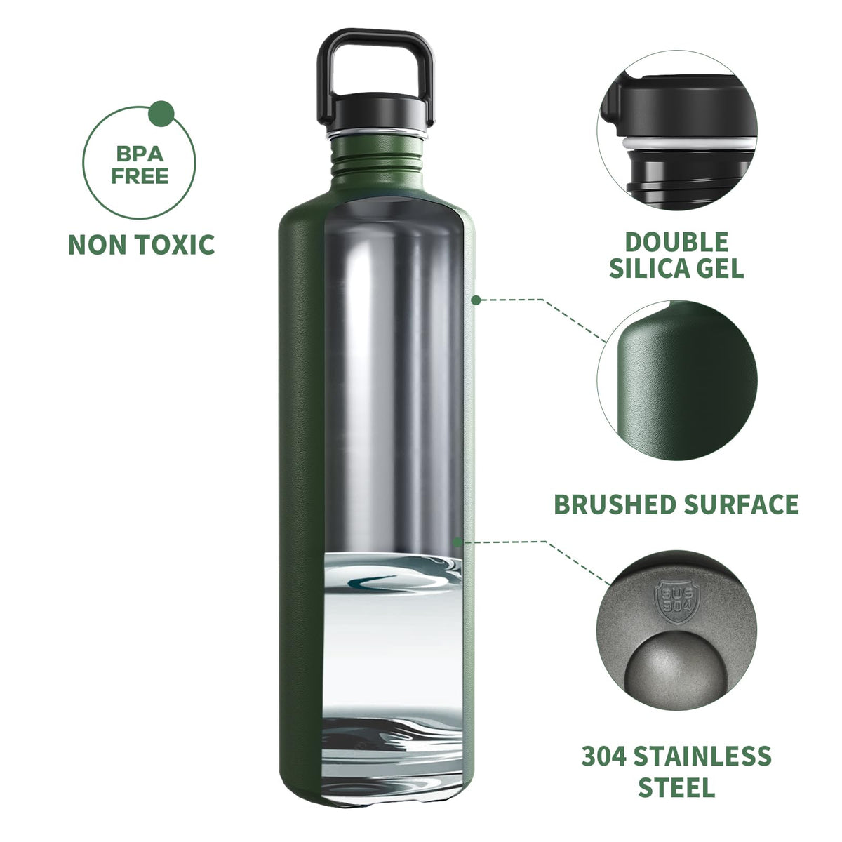 Fjbottle 2000ml Stainless Steel Sports Water Bottle with Bag Dark Green NEW