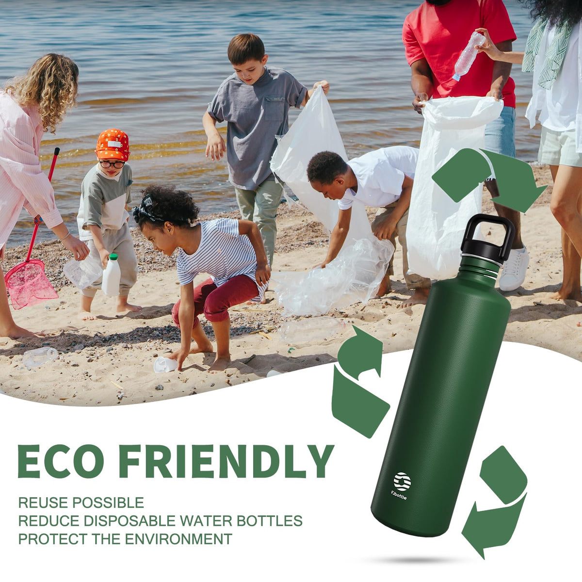 Fjbottle 2000ml Stainless Steel Sports Water Bottle with Bag Dark Green NEW