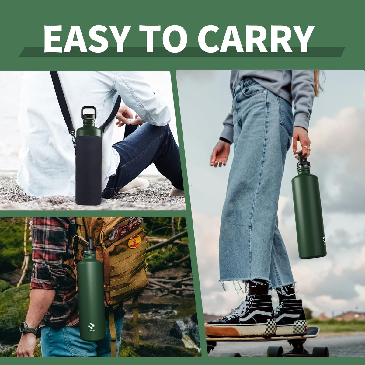 Fjbottle 2000ml Stainless Steel Sports Water Bottle with Bag Dark Green NEW