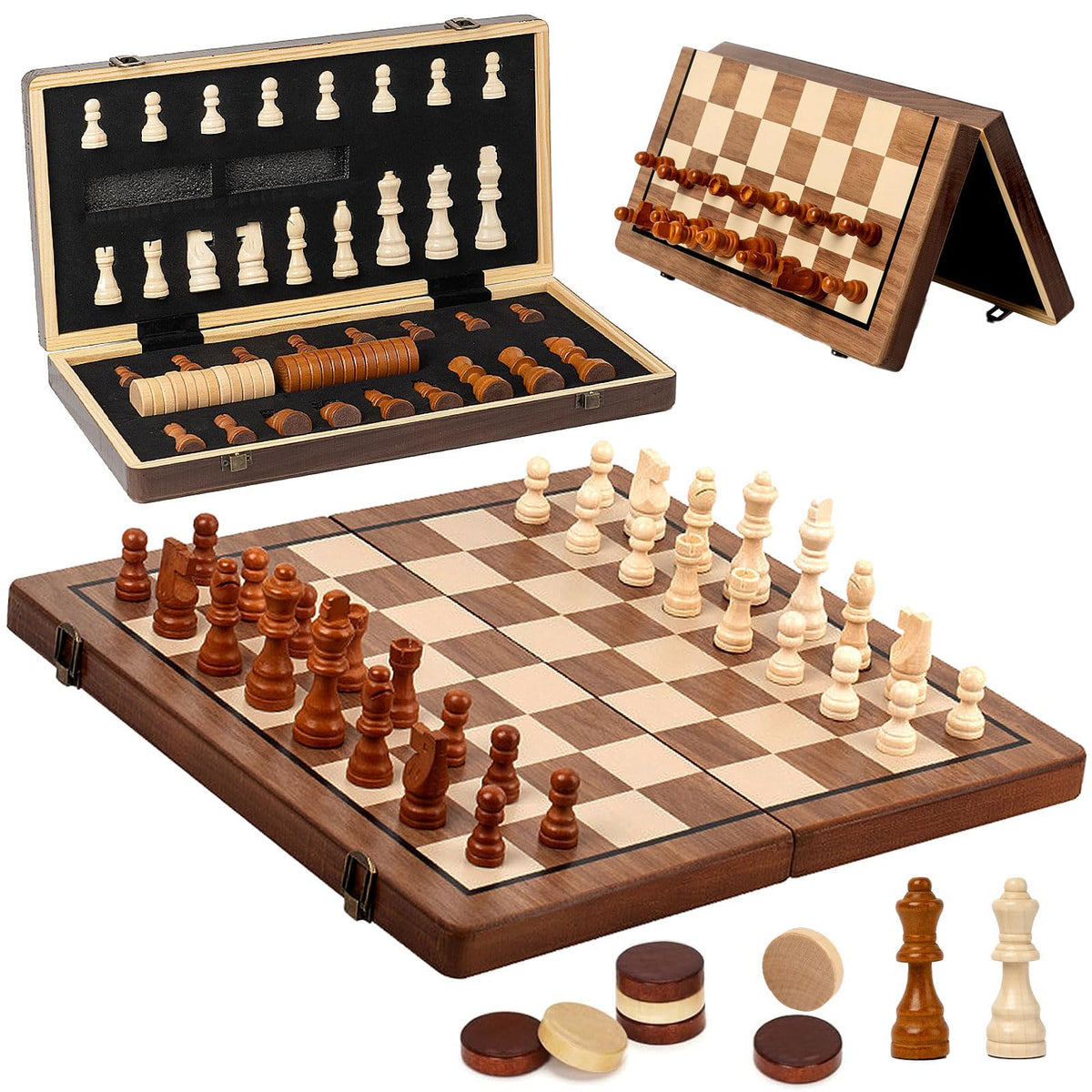 Handcrafted PhosElpida Wooden Chess Set with Chessboard and Travel Pieces NEW