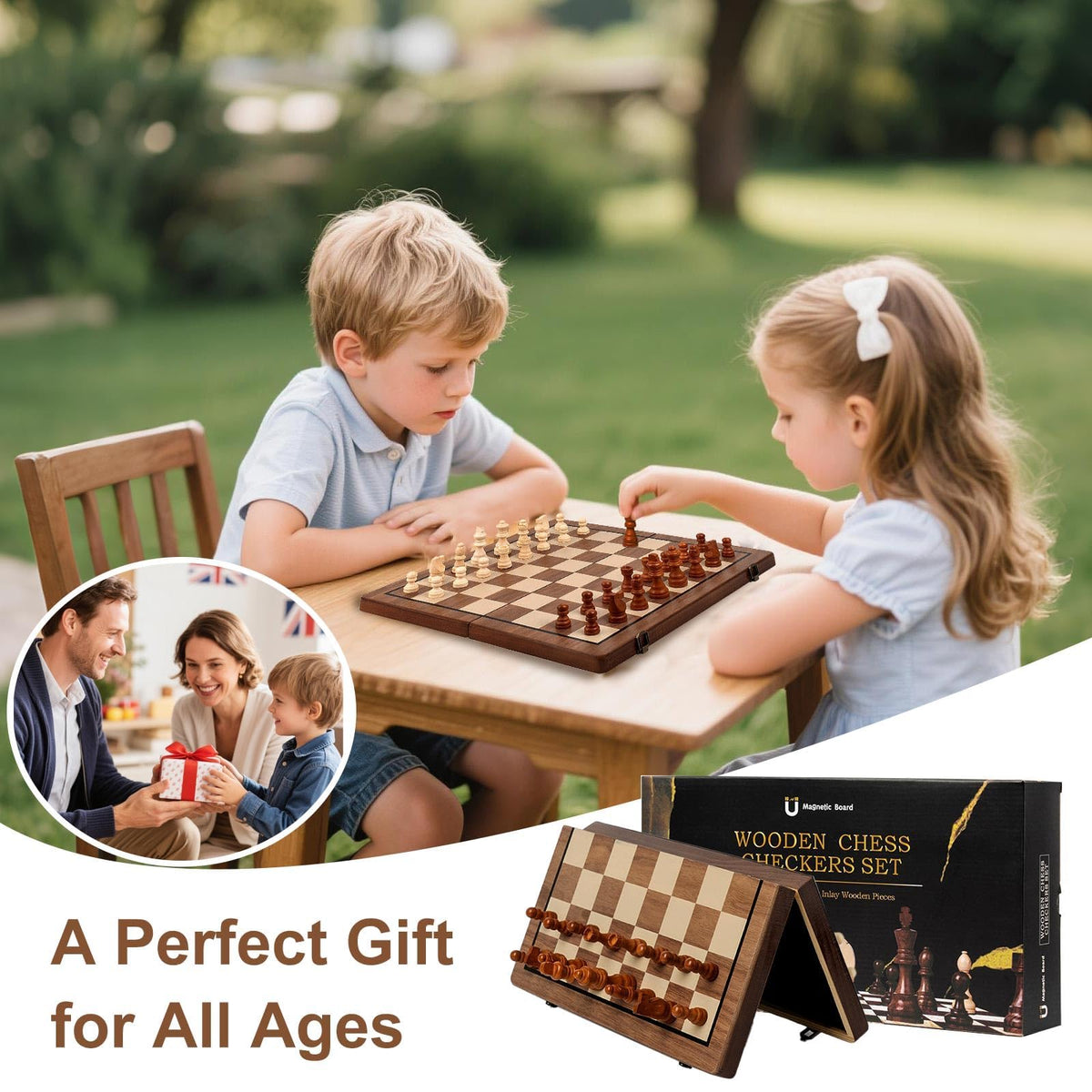 Handcrafted PhosElpida Wooden Chess Set with Chessboard and Travel Pieces NEW