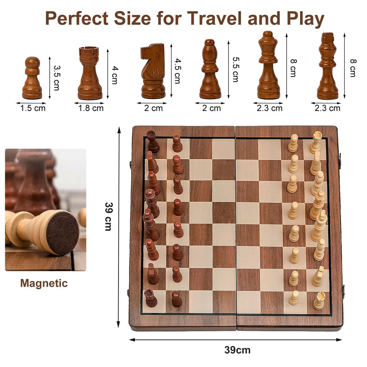 Handcrafted PhosElpida Wooden Chess Set with Chessboard and Travel Pieces NEW