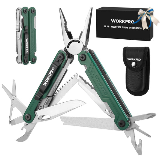 WORKPRO 18-in-1 Multitool Pocket Knife with 2 Safety Locks, EDC Green NEW
