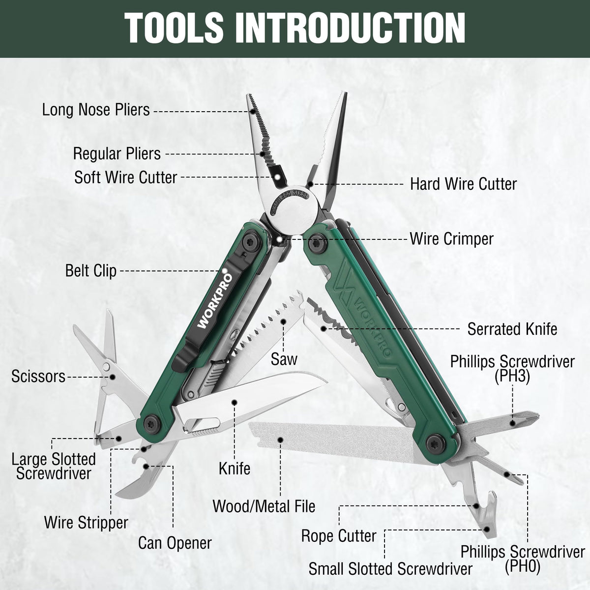 WORKPRO 18-in-1 Multitool Pocket Knife with 2 Safety Locks, EDC Green NEW