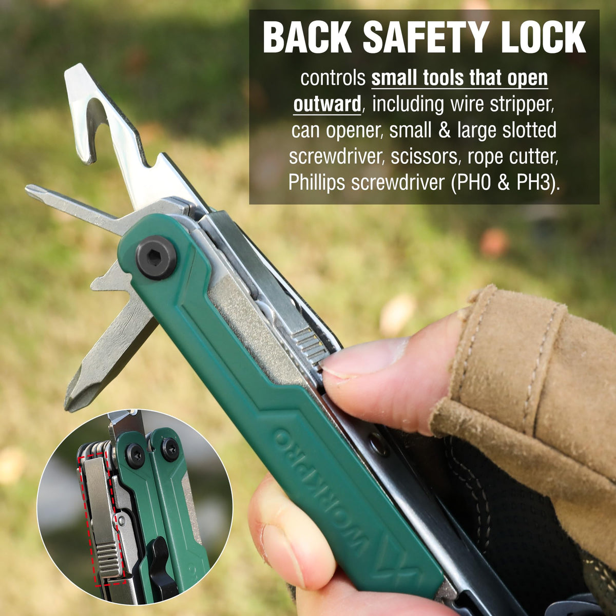 WORKPRO 18-in-1 Multitool Pocket Knife with 2 Safety Locks, EDC Green NEW
