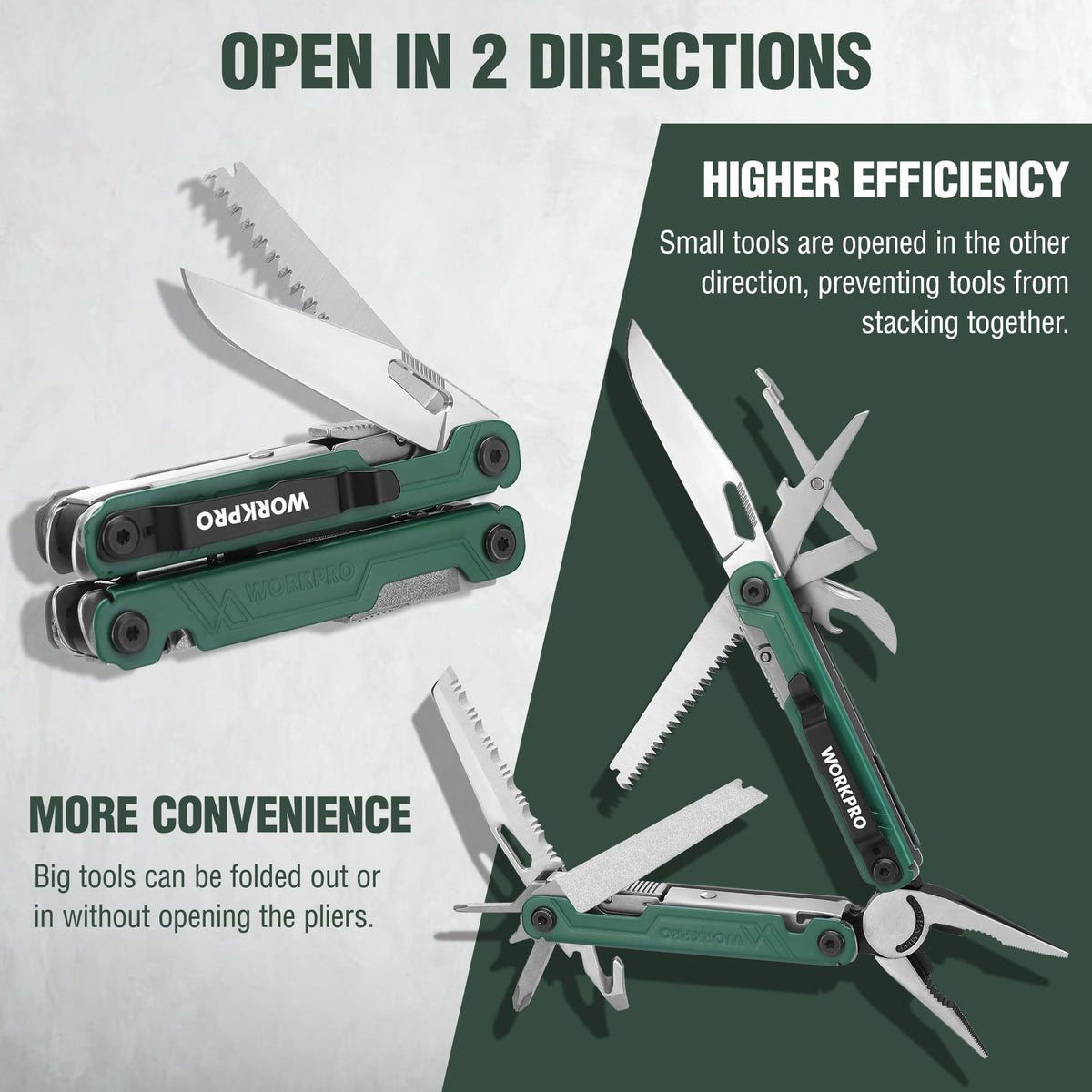 WORKPRO 18-in-1 Multitool Pocket Knife with 2 Safety Locks, EDC Green NEW