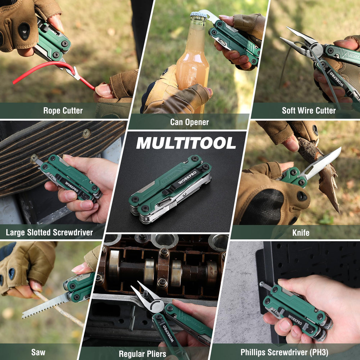 WORKPRO 18-in-1 Multitool Pocket Knife with 2 Safety Locks, EDC Green NEW