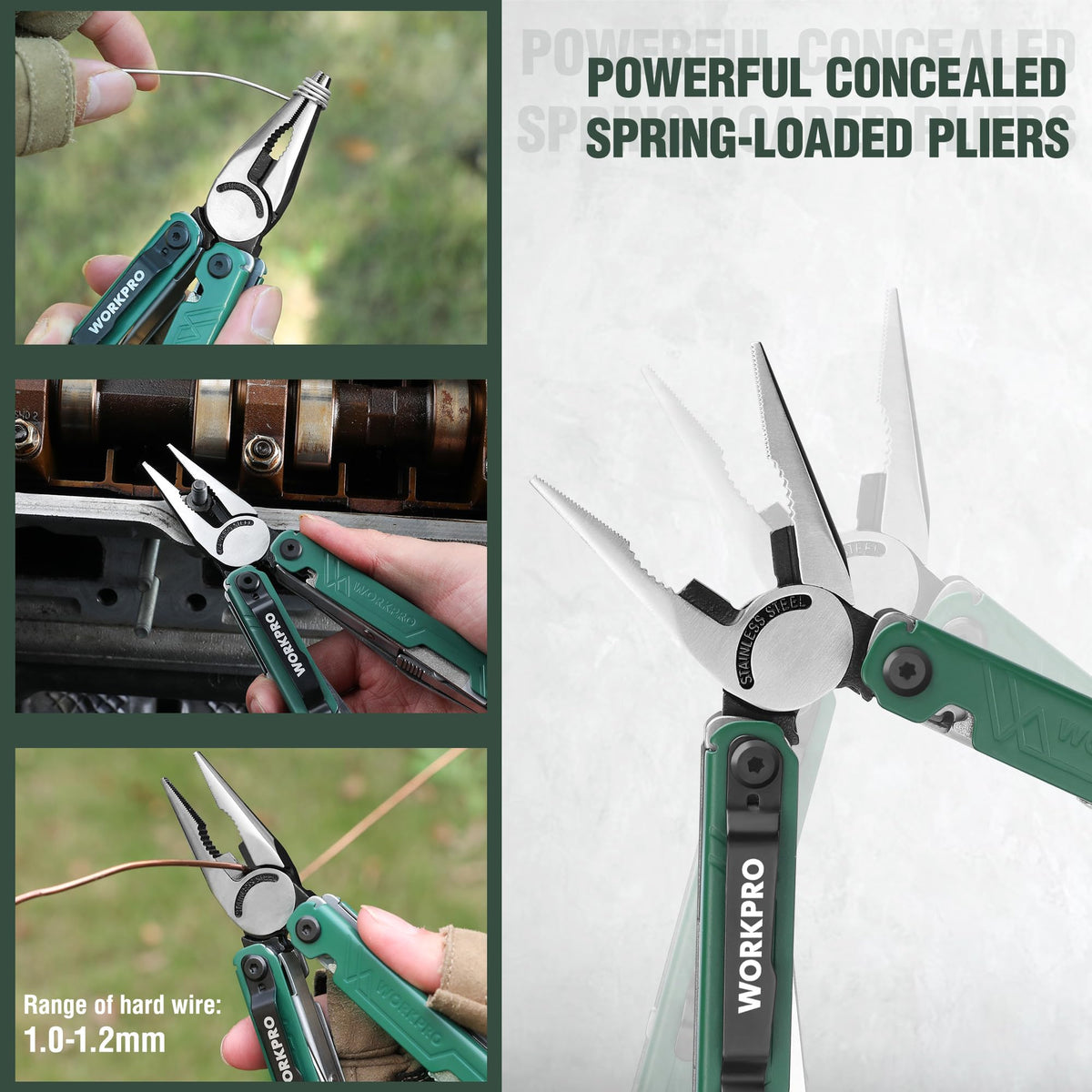 WORKPRO 18-in-1 Multitool Pocket Knife with 2 Safety Locks, EDC Green NEW