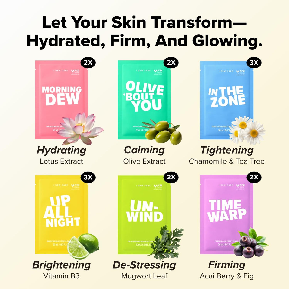 I Dew Masks Care 14-Piece Multicolor Facial Skin Sheet Mask Set 14 Pack NEW