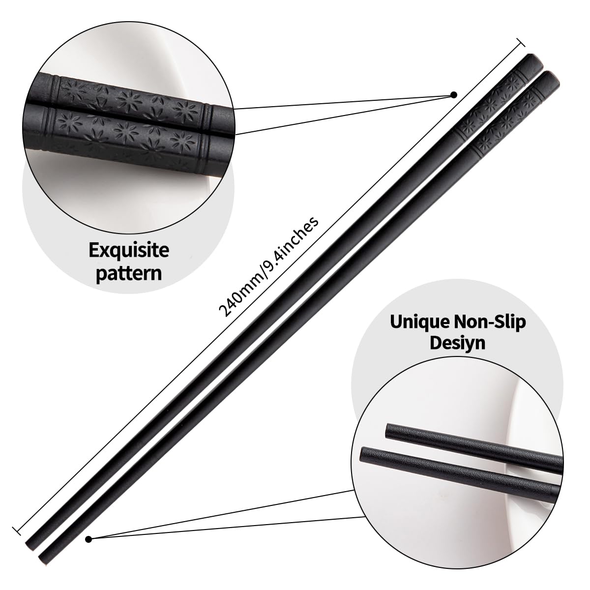 Lusanville Reusable Fiberglass Non-Slip Alloy Black Chopsticks for Cooking NEW