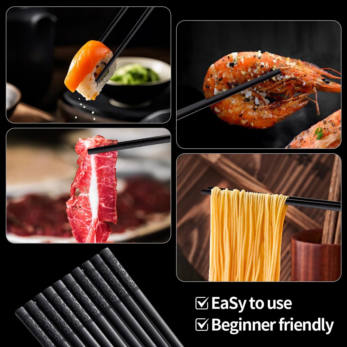 Lusanville Reusable Fiberglass Non-Slip Alloy Black Chopsticks for Cooking NEW