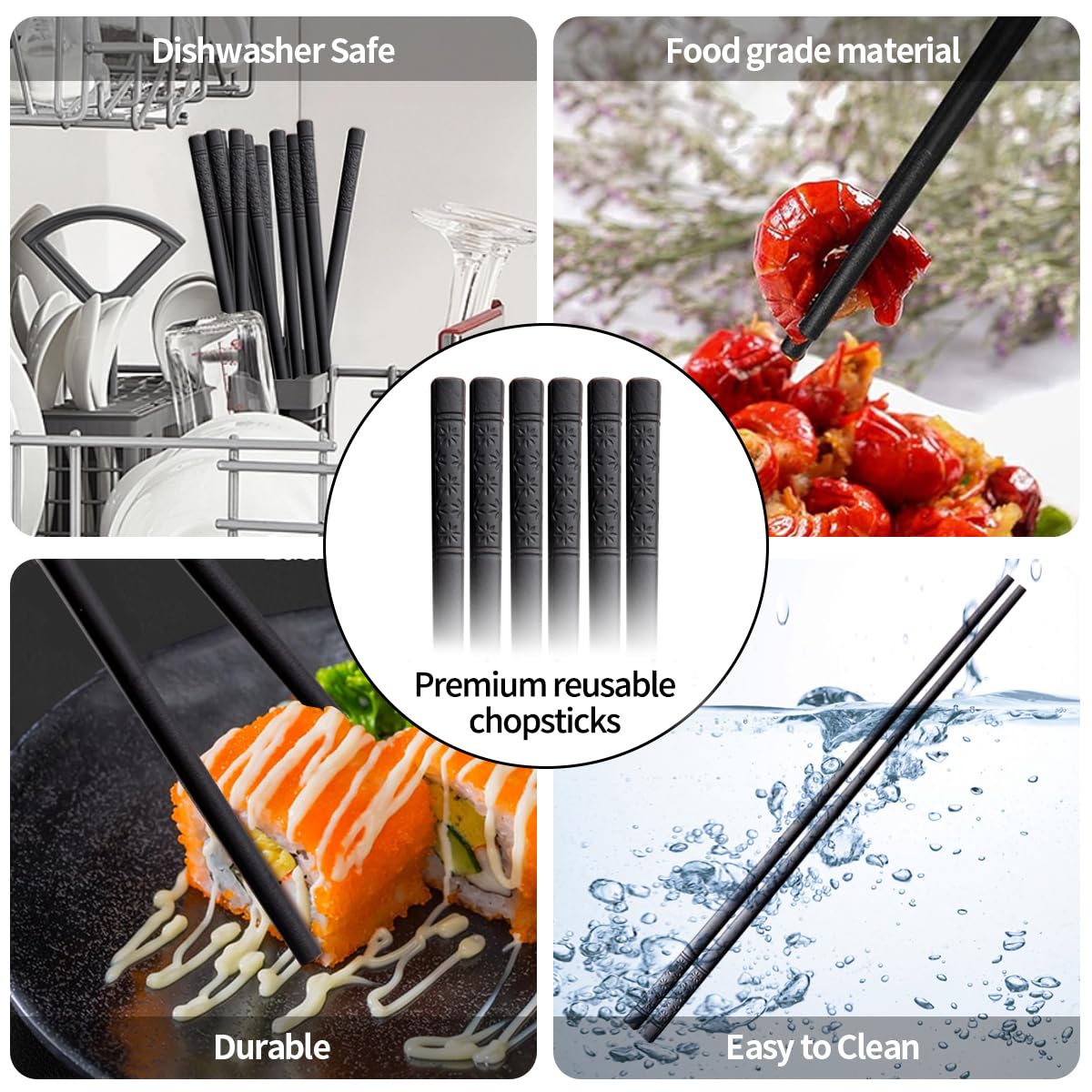 Lusanville Reusable Fiberglass Non-Slip Alloy Black Chopsticks for Cooking NEW