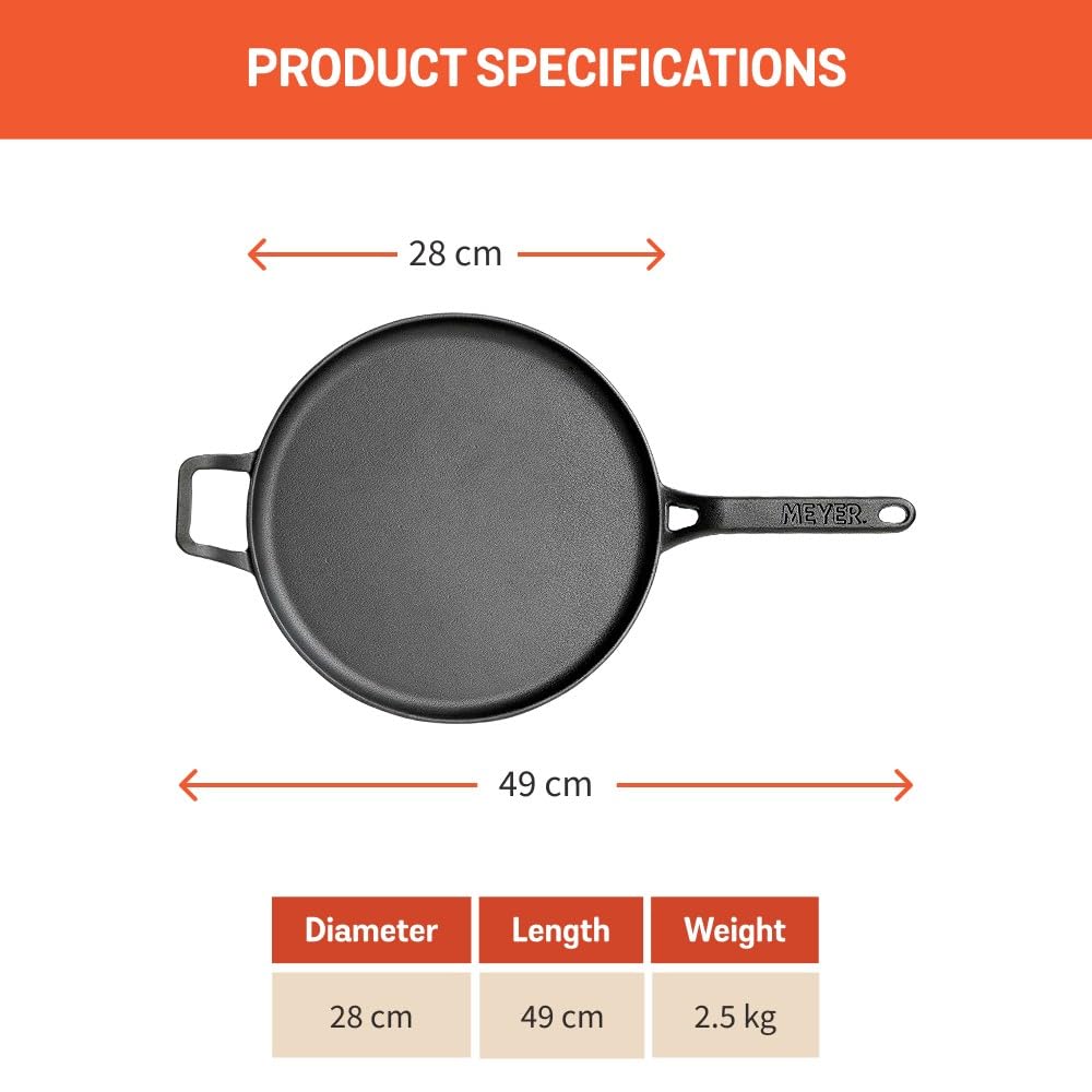 Meyer Pre-Seasoned Frying Pans Cast Iron Tawa Flat Pan for Roti, Dosa, DEMO