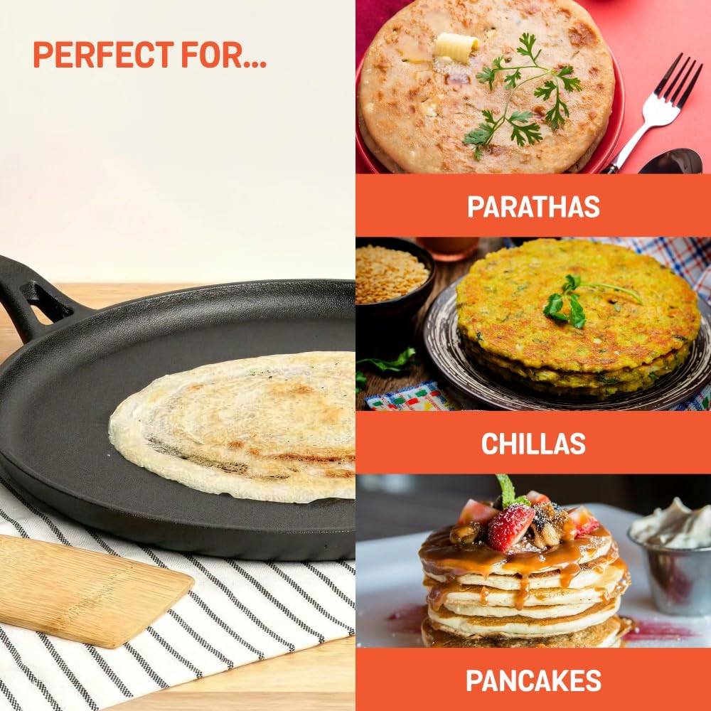 Meyer Pre-Seasoned Frying Pans Cast Iron Tawa Flat Pan for Roti, Dosa, DEMO