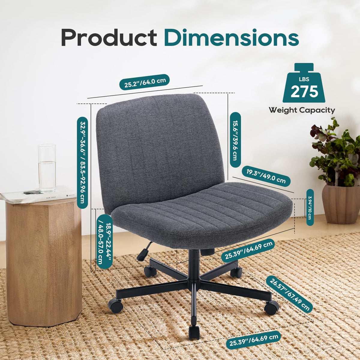 COLAMY Armless Desk Chair Wide Fabric Seat 115° Recline Deep Grey  DEMO