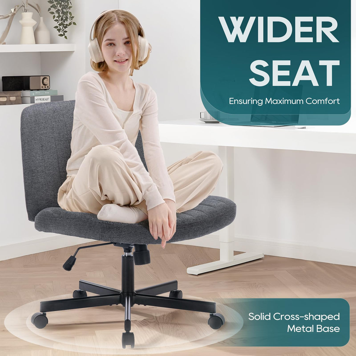 COLAMY Armless Desk Chair Wide Fabric Seat 115° Recline Deep Grey  DEMO