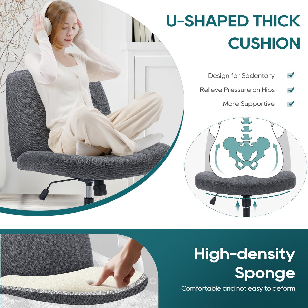 COLAMY Armless Desk Chair Wide Fabric Seat 115° Recline Deep Grey  DEMO
