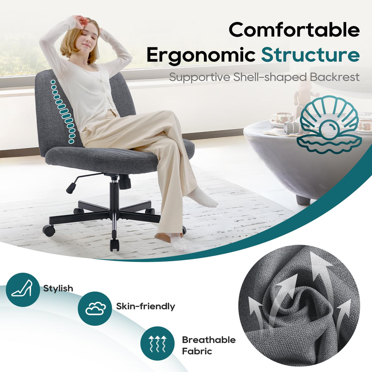 COLAMY Armless Desk Chair Wide Fabric Seat 115° Recline Deep Grey  DEMO