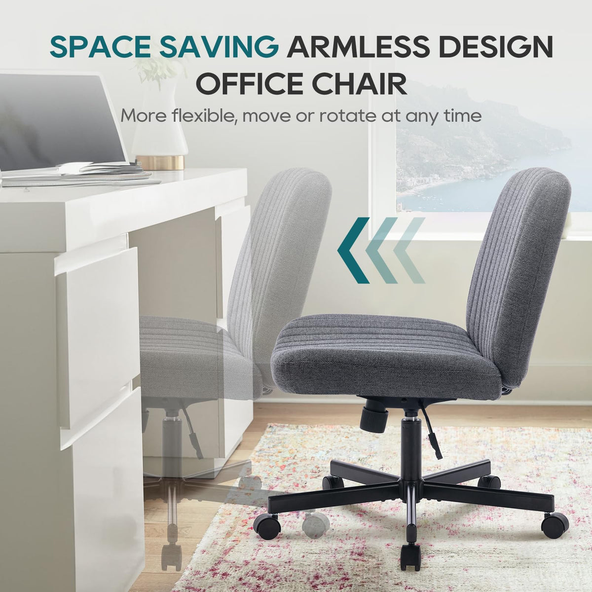 COLAMY Armless Desk Chair Wide Fabric Seat 115° Recline Deep Grey  DEMO