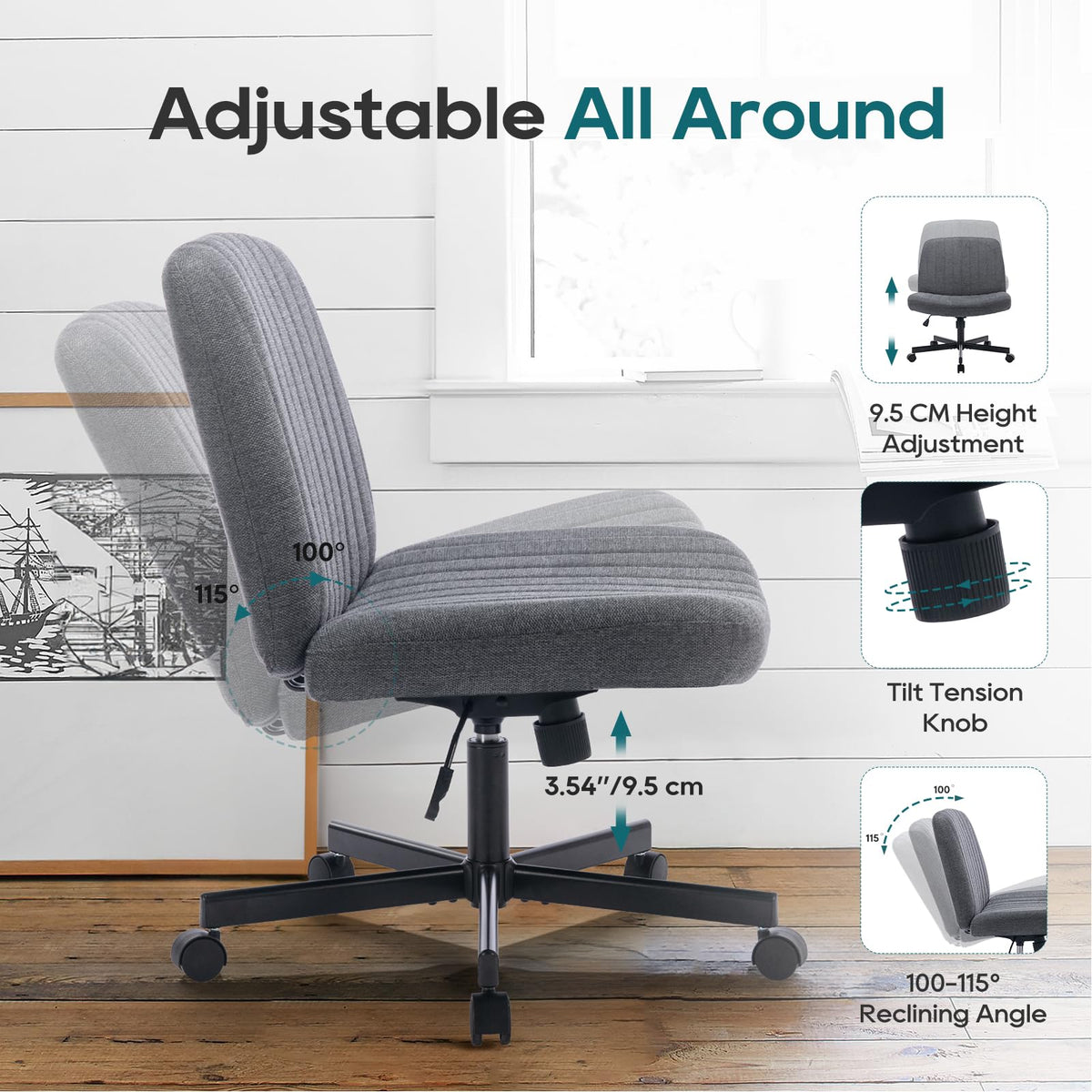 COLAMY Armless Desk Chair Wide Fabric Seat 115° Recline Deep Grey  DEMO