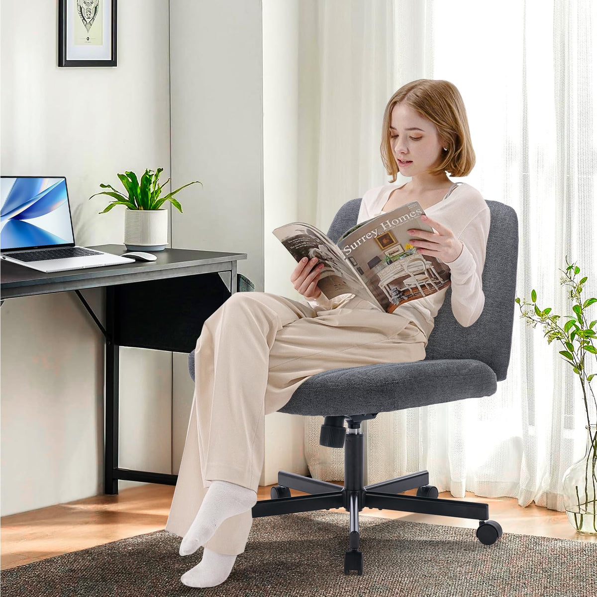 COLAMY Armless Desk Chair Wide Fabric Seat 115° Recline Deep Grey  DEMO
