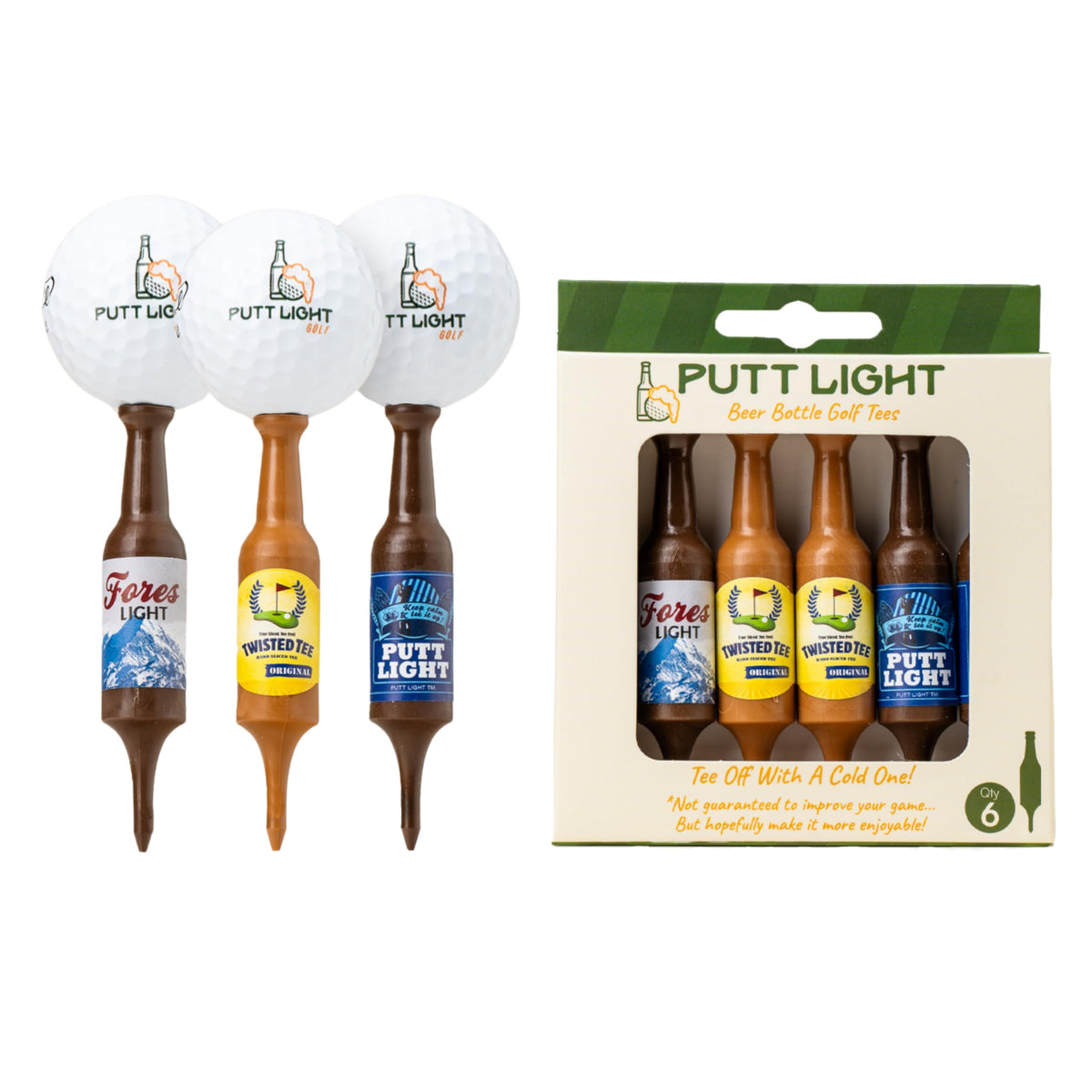 Putt Light Beer Bottle Unbreakable Recyclable Brown Plastic Golf Tees 6 Pack NEW