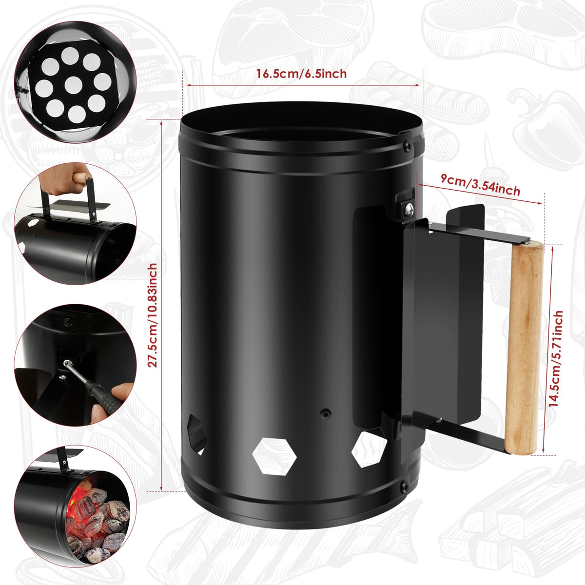 AwObEpl Charcoal Grill Chimney Starter - Barbecue Accessory in Black for NEW