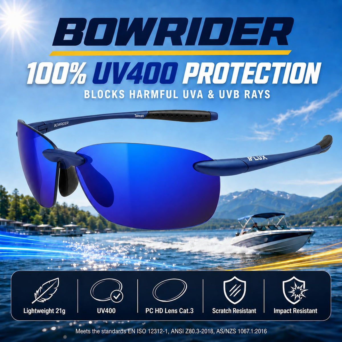 Flux Unisex Rimless Sunglasses - Blue Mirror UV400 Category 3 Lightweight NEW