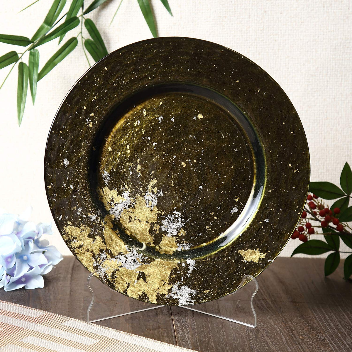 Syosaku Japanese Urushi Glass Dinner Plate Majestic Green with Gold Leaf NEW
